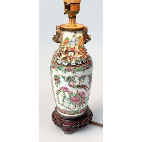 119 - TABLE LAMPS, a pair, late 19th century Canton Famille rose porcelain vases converted to lamps, 39m. ... 