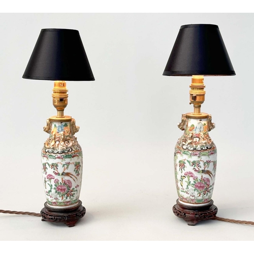 119 - TABLE LAMPS, a pair, late 19th century Canton Famille rose porcelain vases converted to lamps, 39m. ... 