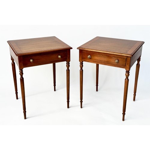 120 - LAMP TABLES, a pair, George III design mahogany and satinwood crossbanded each with frieze drawer an... 