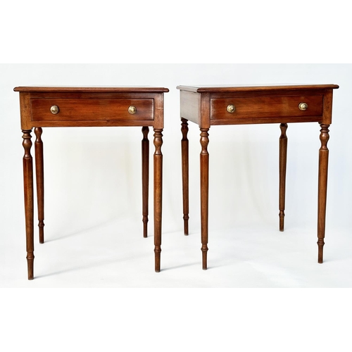 120 - LAMP TABLES, a pair, George III design mahogany and satinwood crossbanded each with frieze drawer an... 