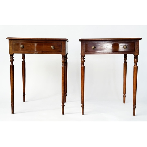 120 - LAMP TABLES, a pair, George III design mahogany and satinwood crossbanded each with frieze drawer an... 