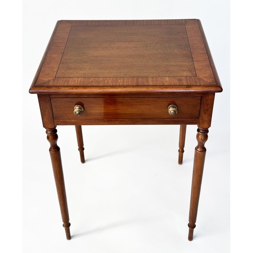 120 - LAMP TABLES, a pair, George III design mahogany and satinwood crossbanded each with frieze drawer an... 