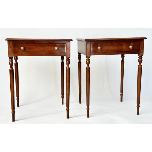 120 - LAMP TABLES, a pair, George III design mahogany and satinwood crossbanded each with frieze drawer an... 