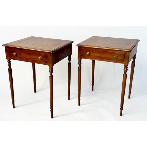 120 - LAMP TABLES, a pair, George III design mahogany and satinwood crossbanded each with frieze drawer an... 