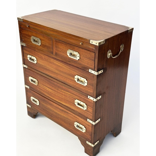 122 - CAMPAIGN STYLE CHESTS, a pair, mahogany and brass bound each with brushing slide above two short and... 