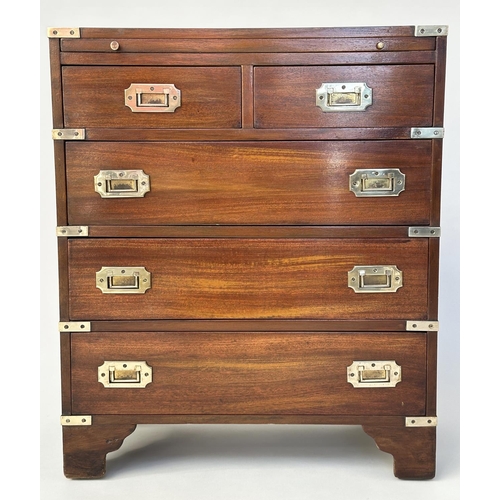 122 - CAMPAIGN STYLE CHESTS, a pair, mahogany and brass bound each with brushing slide above two short and... 