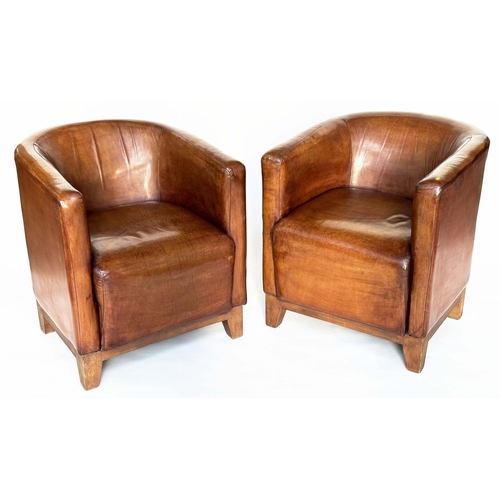 123 - TUB ARMCHAIRS, a pair, natural mid brown leather upholstered, with curved backs and tapering support... 