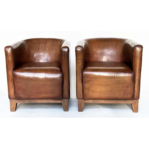 123 - TUB ARMCHAIRS, a pair, natural mid brown leather upholstered, with curved backs and tapering support... 