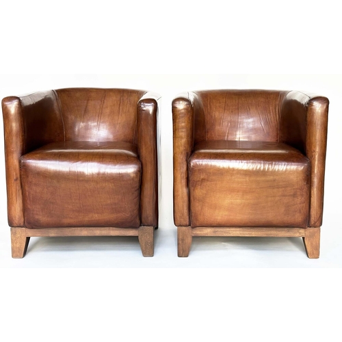 123 - TUB ARMCHAIRS, a pair, natural mid brown leather upholstered, with curved backs and tapering support... 