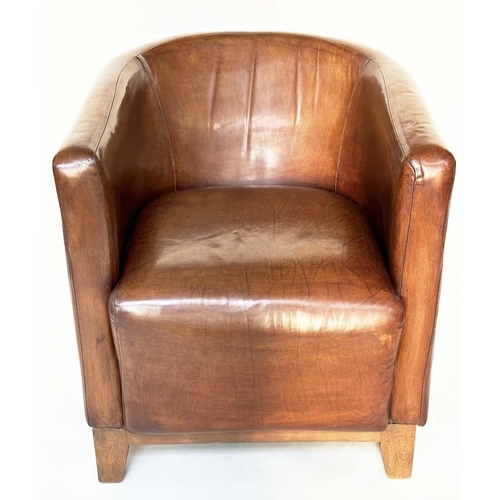 123 - TUB ARMCHAIRS, a pair, natural mid brown leather upholstered, with curved backs and tapering support... 