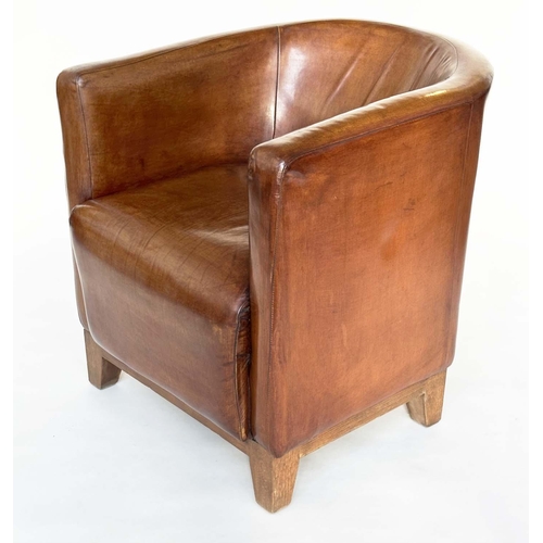 123 - TUB ARMCHAIRS, a pair, natural mid brown leather upholstered, with curved backs and tapering support... 