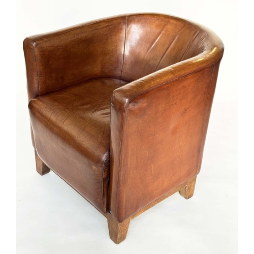 123 - TUB ARMCHAIRS, a pair, natural mid brown leather upholstered, with curved backs and tapering support... 