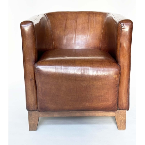 123 - TUB ARMCHAIRS, a pair, natural mid brown leather upholstered, with curved backs and tapering support... 