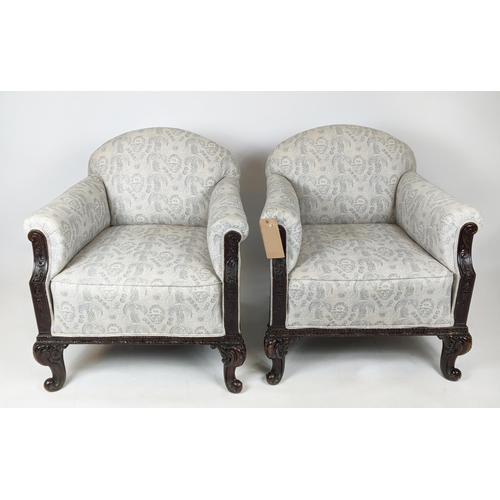 147 - ARMCHAIRS, a pair, each 74cm W x 78cm H, with carved showframe, in a patterned grey/blue fabric. (2)