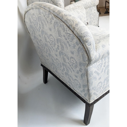 147 - ARMCHAIRS, a pair, each 74cm W x 78cm H, with carved showframe, in a patterned grey/blue fabric. (2)