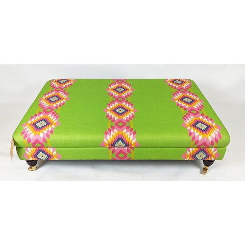 149 - HEARTH STOOL, 85cm W x 130cm L x 35cm H, in Andrew Martin Aztec style fabric.