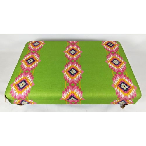 149 - HEARTH STOOL, 85cm W x 130cm L x 35cm H, in Andrew Martin Aztec style fabric.