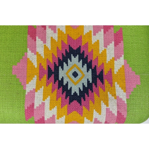 149 - HEARTH STOOL, 85cm W x 130cm L x 35cm H, in Andrew Martin Aztec style fabric.