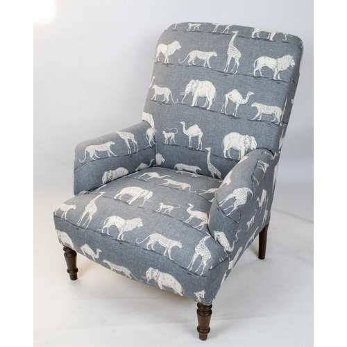 150 - BERGERE, 93cm H x 72cm W,late 19th century French in new grey and white animal print fabric.