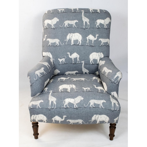 150 - BERGERE, 93cm H x 72cm W,late 19th century French in new grey and white animal print fabric.