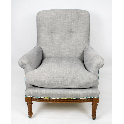 151 - BERGERE, 95cm H x 82cm W, circa 1890, French beechwood in grey and leaf patterned upholstery.