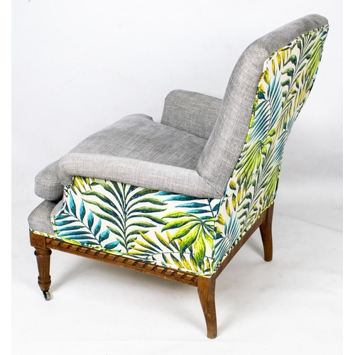 151 - BERGERE, 95cm H x 82cm W, circa 1890, French beechwood in grey and leaf patterned upholstery.