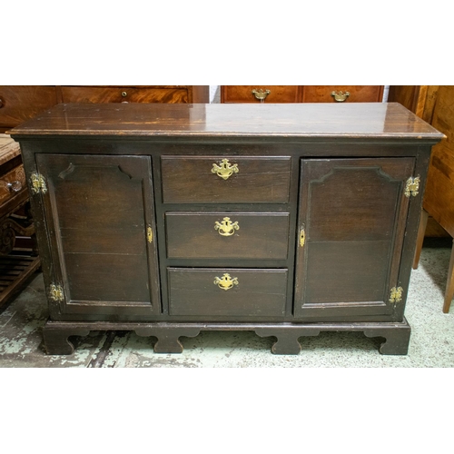 155 - DRESSER BASE, 87cm H x 140cm W x 50cm D, George III oak with three drawers between two doors.