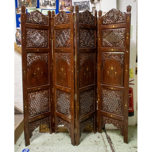 156 - SCREEN, Indian hardwood of four panels with pierced and brass inlaid decoration each leaf, 177cm H x... 