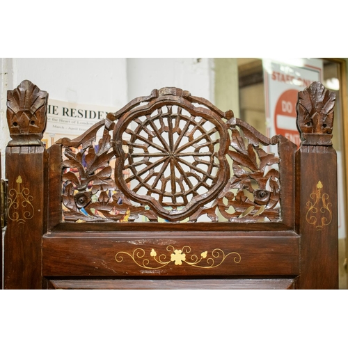 156 - SCREEN, Indian hardwood of four panels with pierced and brass inlaid decoration each leaf, 177cm H x... 