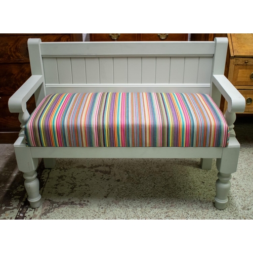 157 - BENCH, 92cm H x 120cm W x 53cm D, painted with multi coloured striped padded seat.