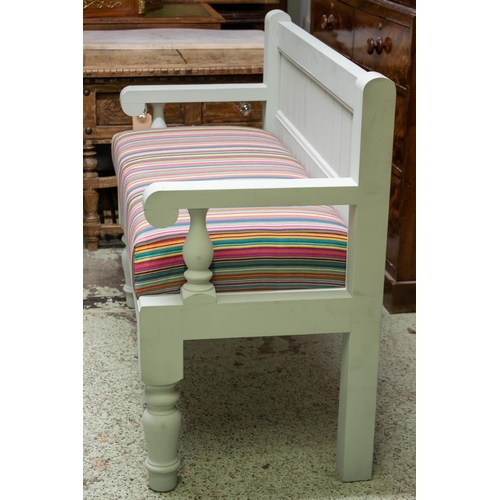 157 - BENCH, 92cm H x 120cm W x 53cm D, painted with multi coloured striped padded seat.