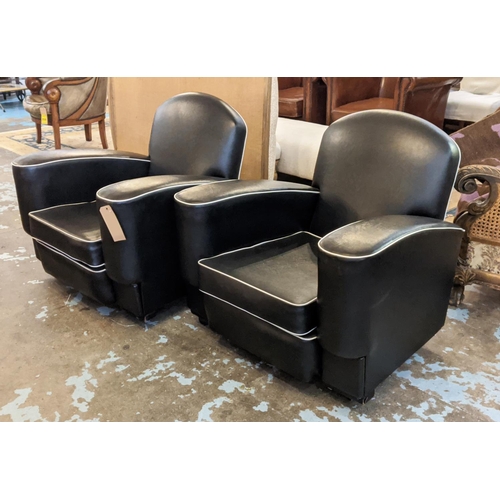 179 - CLUB ARMCHAIRS, Art Deco style, a pair, each 86cm W, in black leatherette with white piping. (2)