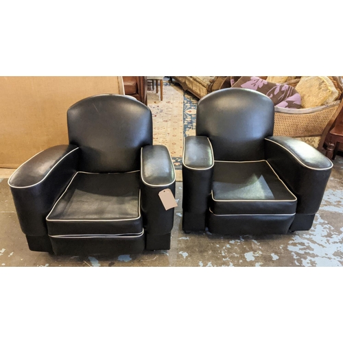 179 - CLUB ARMCHAIRS, Art Deco style, a pair, each 86cm W, in black leatherette with white piping. (2)