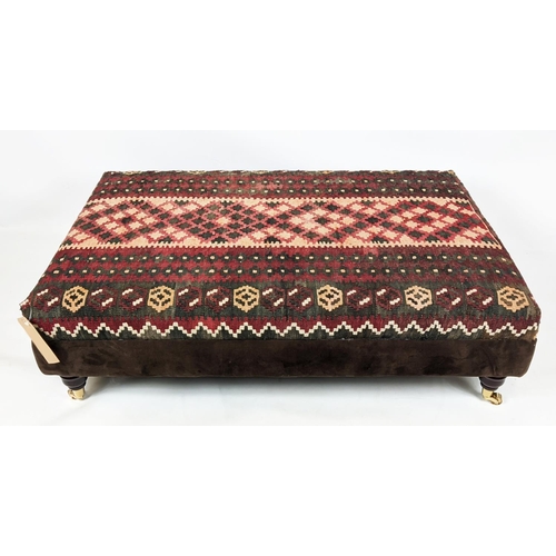 181 - HEARTH STOOL, 82cm D x 130cm L x 39cm tall, in a kelim fabric with brown velvet frieze.