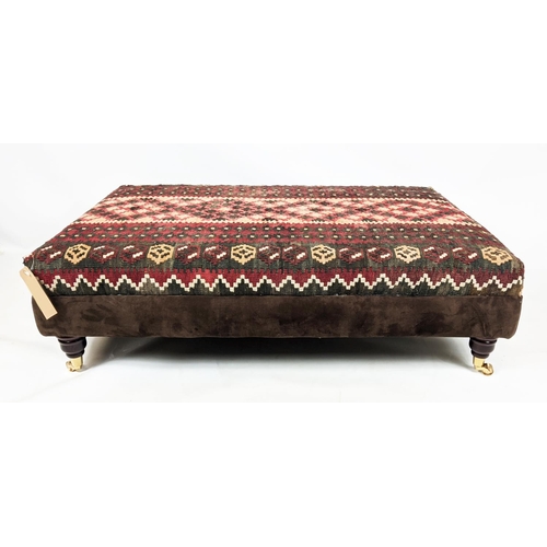 181 - HEARTH STOOL, 82cm D x 130cm L x 39cm tall, in a kelim fabric with brown velvet frieze.