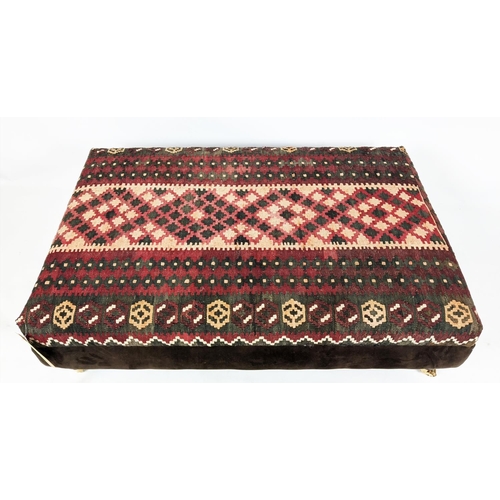 181 - HEARTH STOOL, 82cm D x 130cm L x 39cm tall, in a kelim fabric with brown velvet frieze.