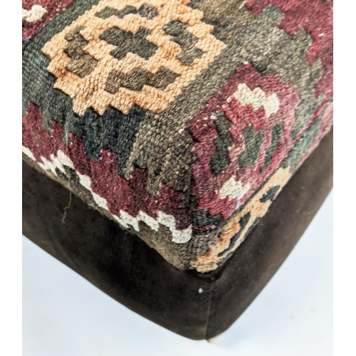 181 - HEARTH STOOL, 82cm D x 130cm L x 39cm tall, in a kelim fabric with brown velvet frieze.