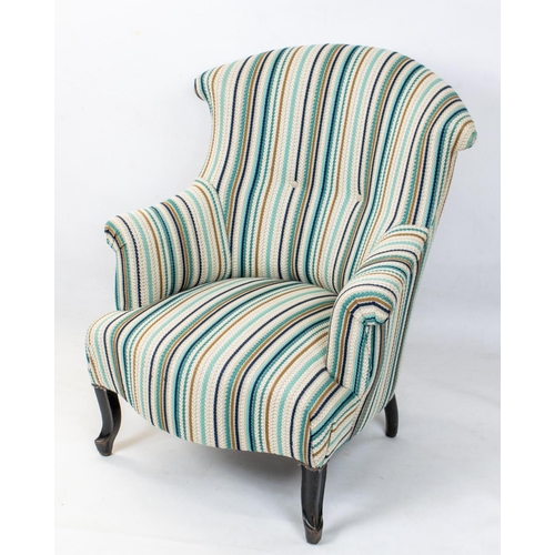 182 - BERGERE, 85cm H x 69cm W, Napoleon III ebonised in stitched and striped upholstery.