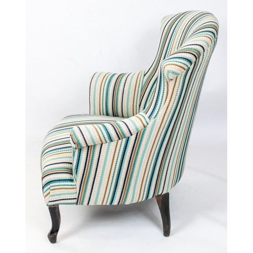 182 - BERGERE, 85cm H x 69cm W, Napoleon III ebonised in stitched and striped upholstery.