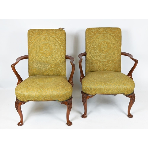 184 - ARMCHAIRS, a pair, each 68cm W x 100cm H, in green upholstery patterned. (2)