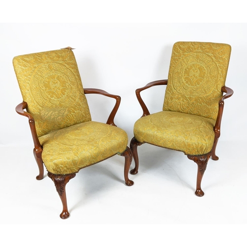 184 - ARMCHAIRS, a pair, each 68cm W x 100cm H, in green upholstery patterned. (2)