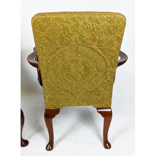 184 - ARMCHAIRS, a pair, each 68cm W x 100cm H, in green upholstery patterned. (2)