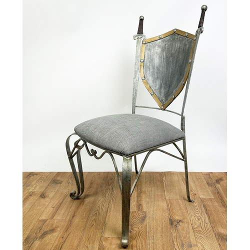 195 - SIDE CHAIR, painted wrought iron with a shield and sword back and scrolling front supports, 112cm H ... 