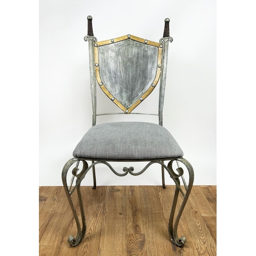 195 - SIDE CHAIR, painted wrought iron with a shield and sword back and scrolling front supports, 112cm H ... 