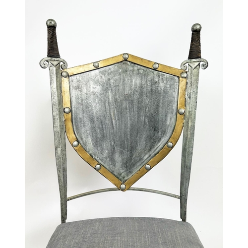 195 - SIDE CHAIR, painted wrought iron with a shield and sword back and scrolling front supports, 112cm H ... 