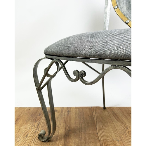 195 - SIDE CHAIR, painted wrought iron with a shield and sword back and scrolling front supports, 112cm H ... 