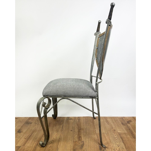 195 - SIDE CHAIR, painted wrought iron with a shield and sword back and scrolling front supports, 112cm H ... 