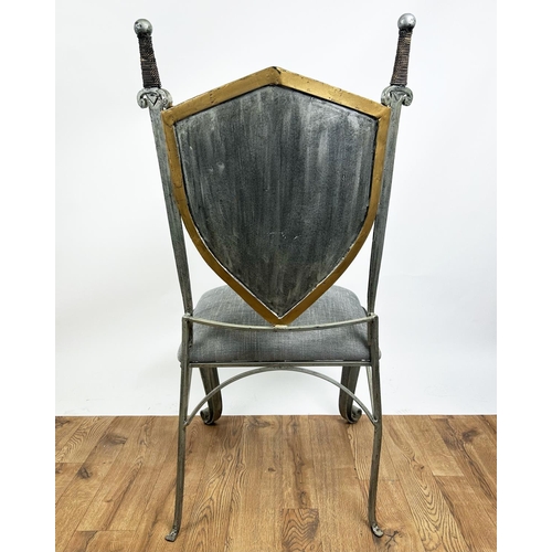 195 - SIDE CHAIR, painted wrought iron with a shield and sword back and scrolling front supports, 112cm H ... 