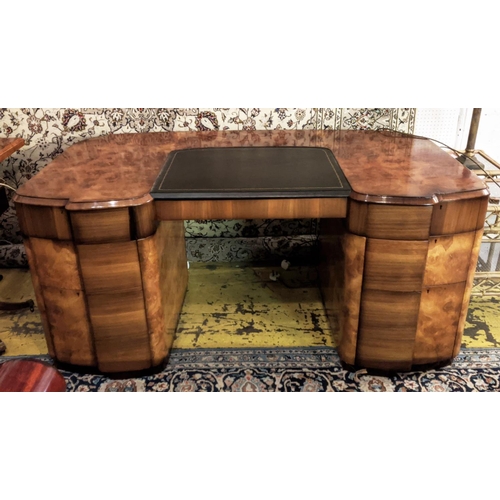 199 - PEDESTAL DESK, Art Deco burr walnut, 196cm W x 95cm D.