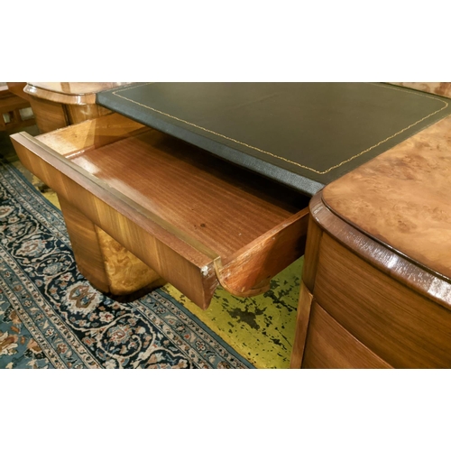 199 - PEDESTAL DESK, Art Deco burr walnut, 196cm W x 95cm D.